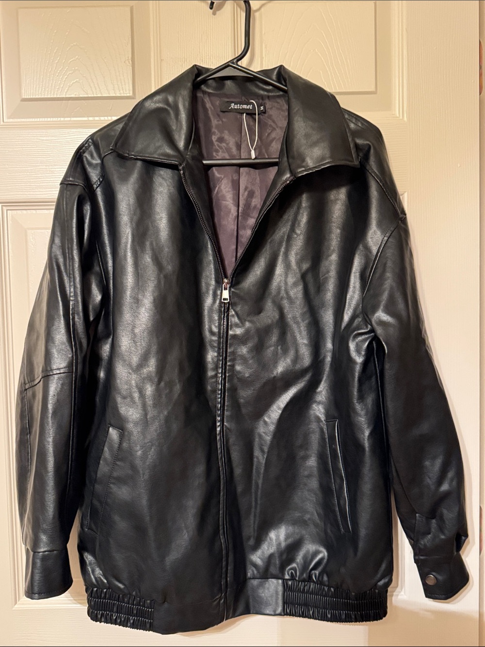 Automotive Black Faux Leather Men's Bomber Jacket